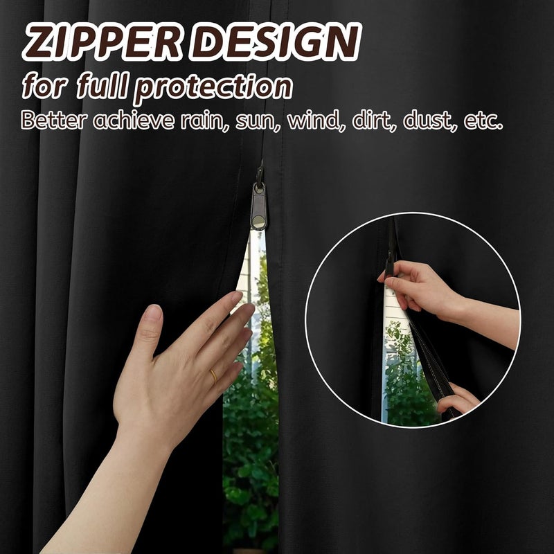 Arfntevss Outdoor Curtains for Patio Waterproof 2 Panels Blackout Curtains 108 inch Long with Zipper Top & Bottom Grommet Sun Blocking Outdoor Privacy Drape for Gazebo Porch Pergola (54x108, Black) - Image 2